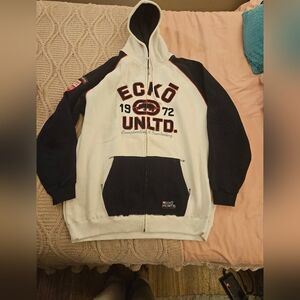 Ecko Unltd Full Zip Heavy Logo Hoodie Sweatshirt Embroidered Logos Vtg. Size 2XL